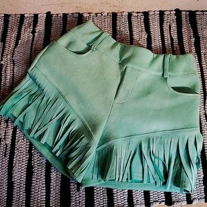 Crazy Train boutique faux suede mint green fringe stretch waist shorts sz. L